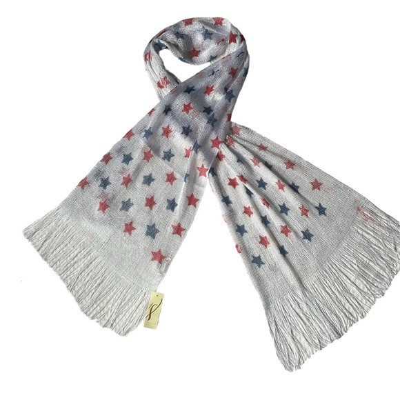 NEW Sheer Scarf White Silver Red Blue Stars USA - Picture 1 of 8